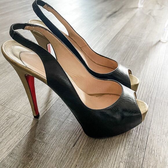 Christian Louboutin Black Gold Leather Slingback Peep Toe Pumps Size 39.5EU - Picture 8 of 13
